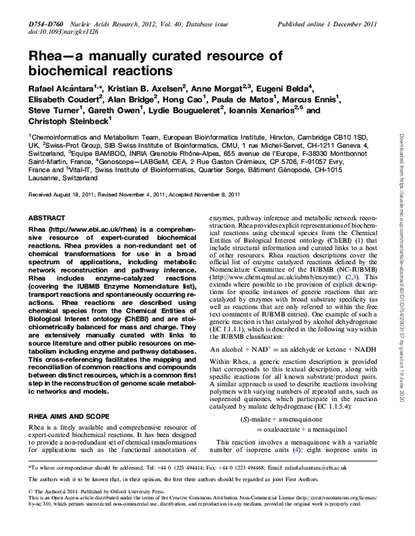 (PDF) Rhea—a manually curated resource of biochemical reactions