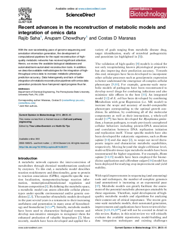 (PDF) Recent advances in the reconstruction of metabolic models and ...