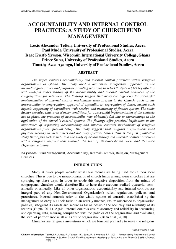 (PDF) Accountability And Internal Control Practices: A Study of Church ...