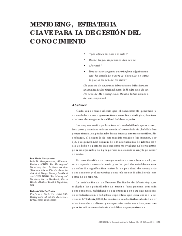 (PDF) Mentoring, Estrategia Clave Para La De Gestión Del Conocimiento
