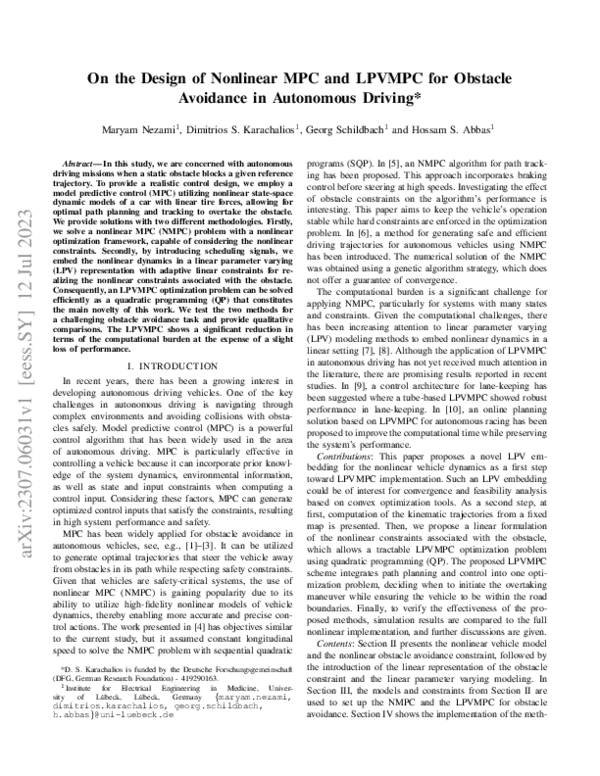 (PDF) On the Design of Nonlinear MPC and LPVMPC for Obstacle Avoidance ...