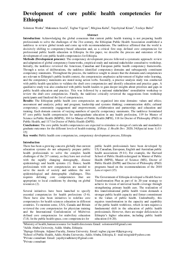 (PDF) Development of core public health competencies for Ethiopia