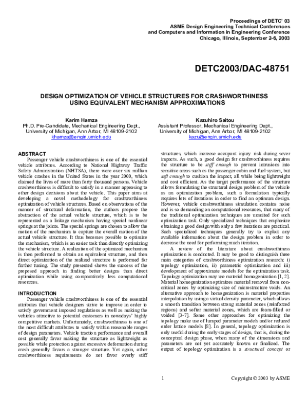 (PDF) Design Optimization of Vehicle Structures for Crashworthiness ...
