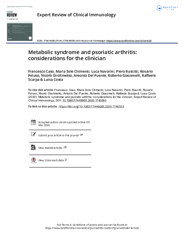 (PDF) Metabolic Syndrome and psoriatic arthritis: considerations for ...
