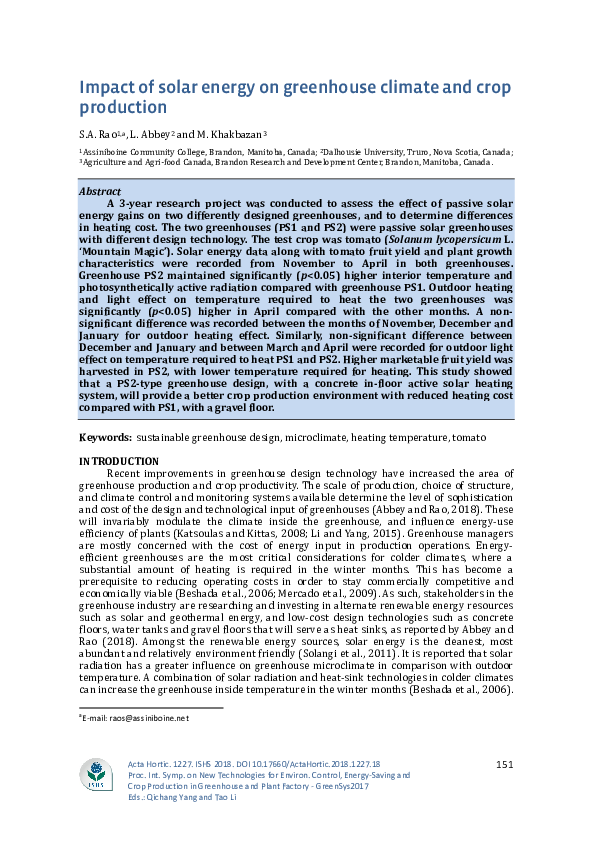 (PDF) Impact of solar energy on greenhouse climate and crop production