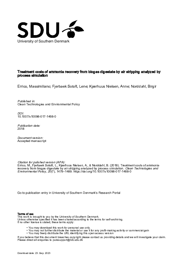 (PDF) Treatment costs of ammonia recovery from biogas digestate by air ...