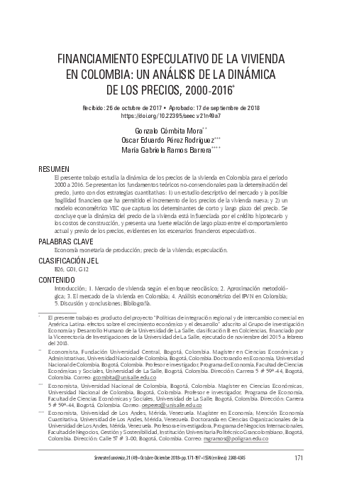 (PDF) Financiamiento especulativo de la vivienda en Colombia: un ...