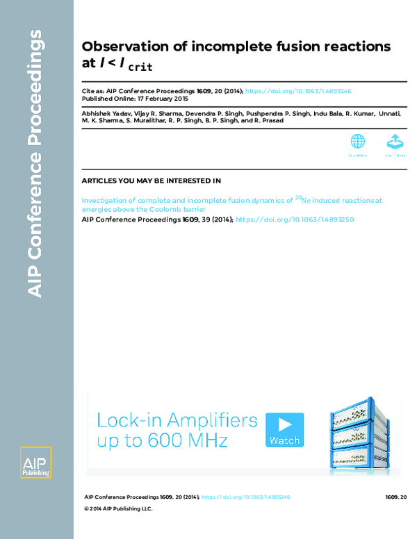 (PDF) Observation of incomplete fusion reactions at l