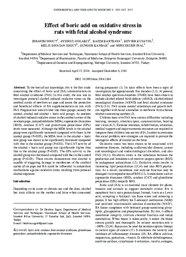 (PDF) Effect of boric acid on oxidative stress in rats with fetal ...
