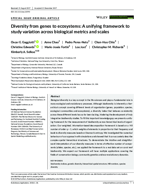 (PDF) Diversity from genes to ecosystems: A unifying framework to study ...