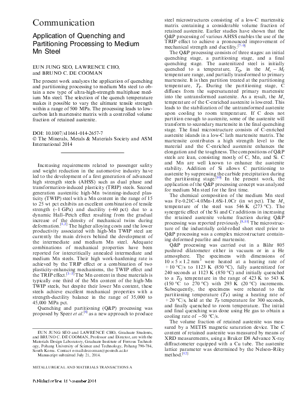 (PDF) Application of Quenching and PartitioningProcesses to Welding and ...