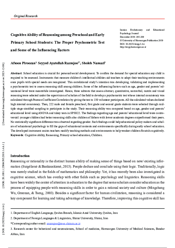 (PDF) Cognitive Ability of Reasoning among Preschool and Early Primary ...