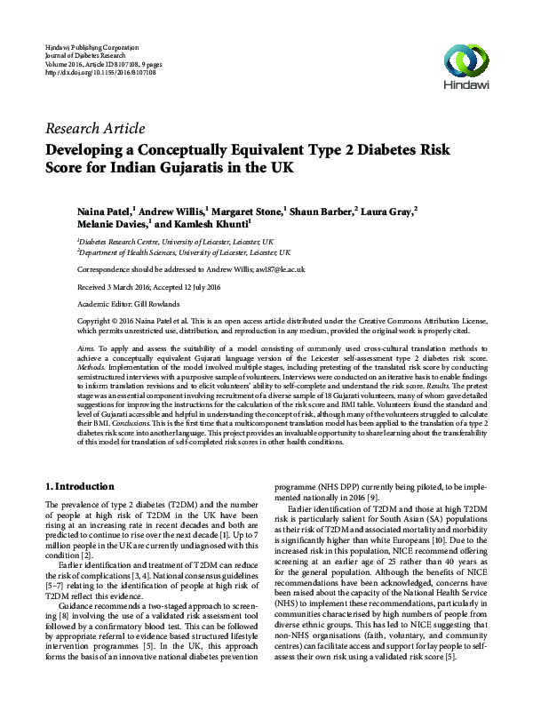 (PDF) Developing a Conceptually Equivalent Type 2 Diabetes Risk Score ...