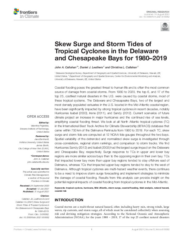 (PDF) Skew Surge and Storm Tides of Tropical Cyclones in the Delaware ...