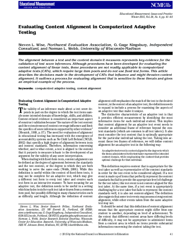 (PDF) Evaluating Content Alignment in Computerized Adaptive Testing
