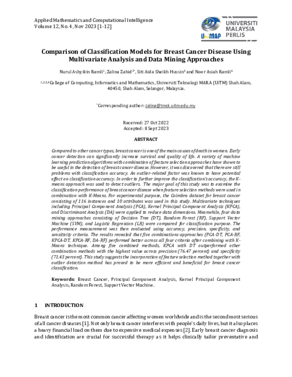 (PDF) Comparison of Classification Models for Breast Cancer Disease ...