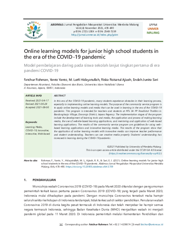 (PDF) Online learning models for junior high school students in the era ...