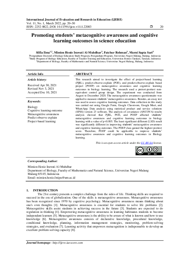 (PDF) Promoting students’ metacognitive awareness and cognitive ...