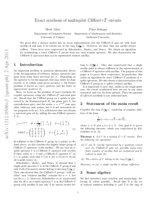 (PDF) Exact synthesis of multiqubit Clifford+ T circuits