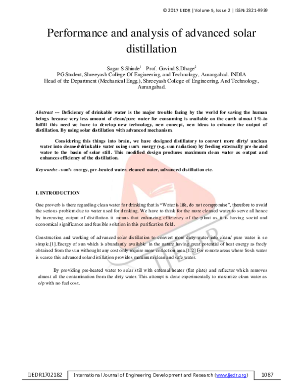 (PDF) Performance and Analysis of Advanced Solar Distillation