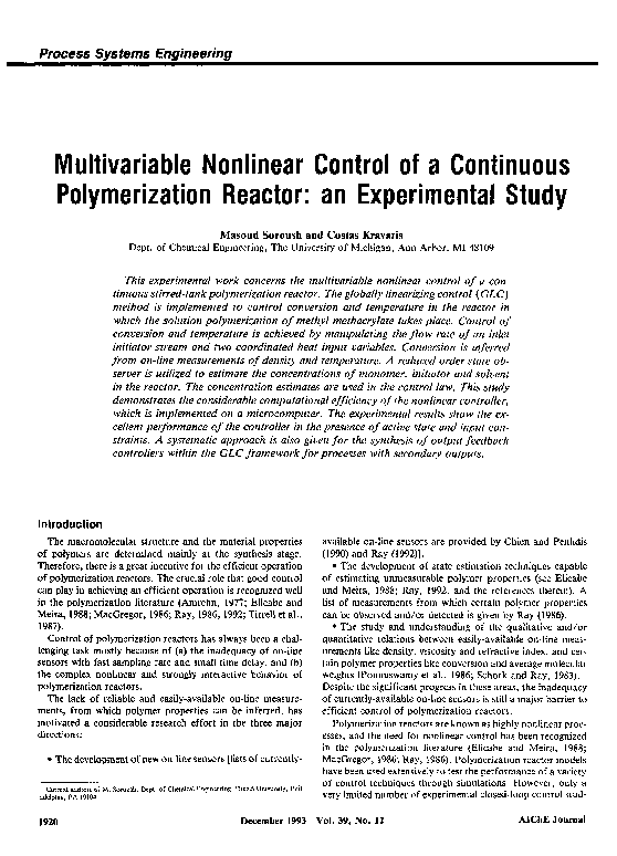 (PDF) Multivariable nonlinear control of a continuous polymerization ...