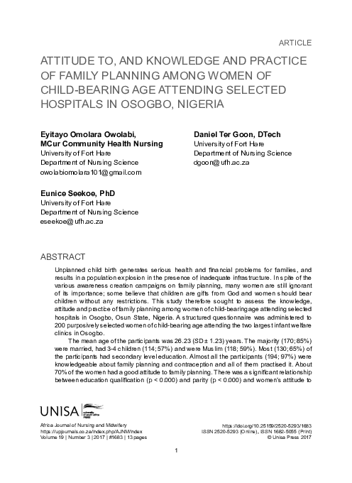 (PDF) Attitude To, and Knowledge and Practice of Family Planning Among ...