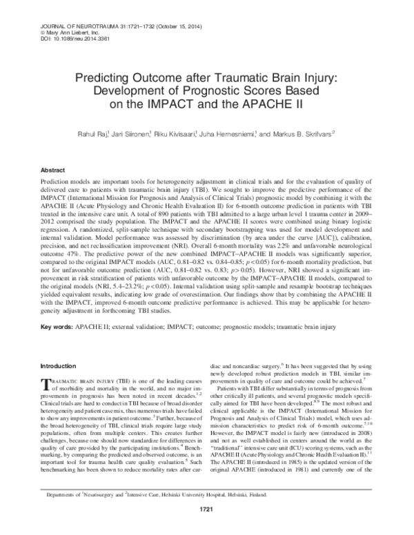 (PDF) Predicting Outcome after Traumatic Brain Injury: Development of ...