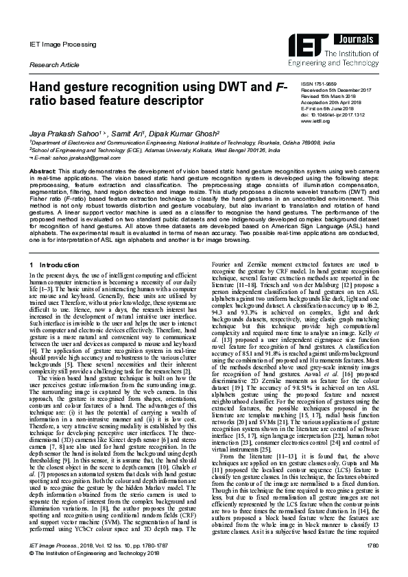 (PDF) Hand gesture recognition using DWT and F ‐ratio based feature ...
