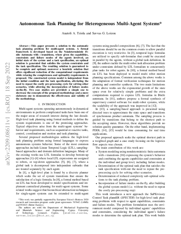 (PDF) Autonomous Task Planning for Heterogeneous Multi-Agent Systems