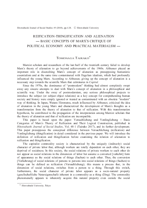 (PDF) Reification-Thingification and Alienation: Basic Concepts of ...