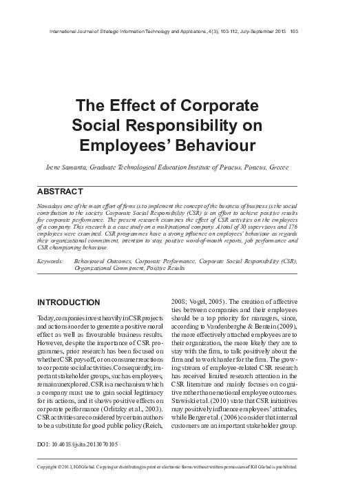 (PDF) The Effect of Corporate Social Responsibility on Employees’ Behaviour