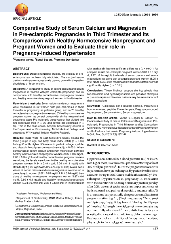 (PDF) Comparative Study of Serum Calcium and Magnesium in Pre-eclamptic ...