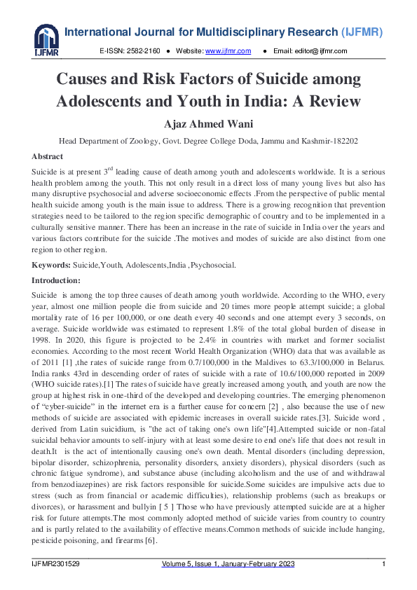 (PDF) Causes and Risk Factors of Suicide among Adolescents and Youth in ...