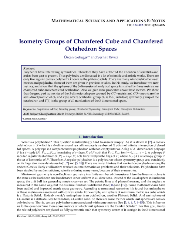 (PDF) Isometry Groups of Chamfered Cube and Chamfered Octahedron Spaces