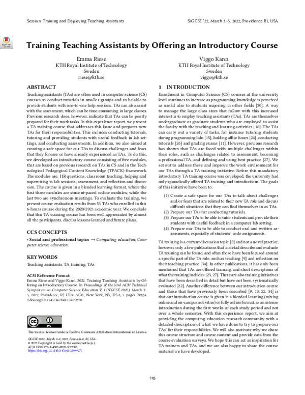 (PDF) Training Teaching Assistants by Offering an Introductory Course