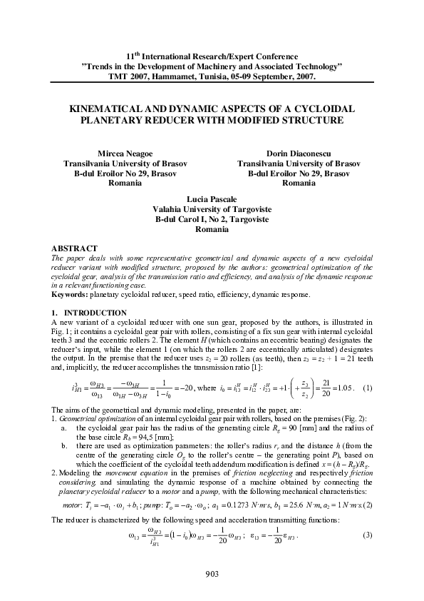 (PDF) Kinematical and Dynamic Aspects of a Cycloidal Planetary Reducer ...