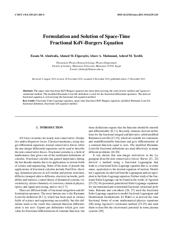 (PDF) Formulation and Solution of Space-Time Fractional KdV-Burgers ...