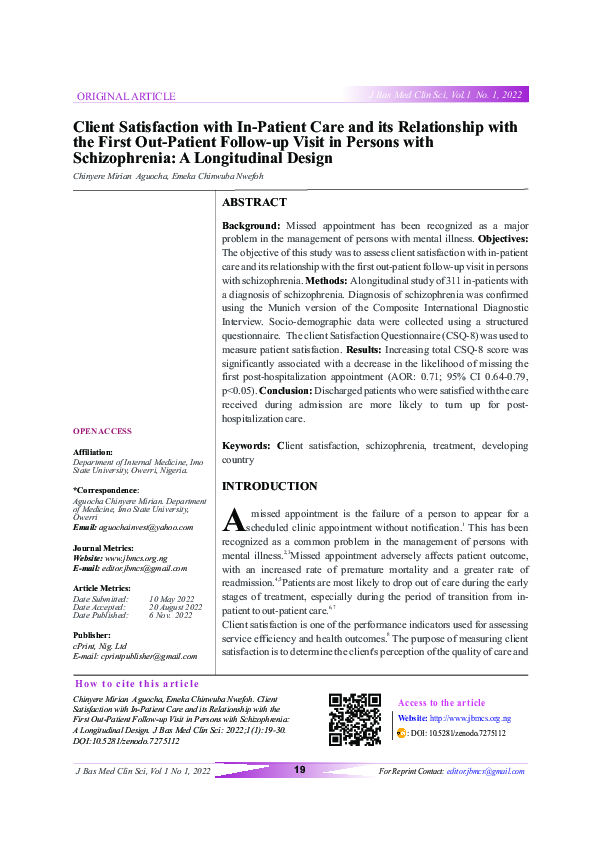 (PDF) Client Satisfaction with In-Patient Care and its Relationship ...