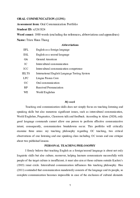 (DOC) Oral Communication - Assignment 3 - Oral Communication Portfolio