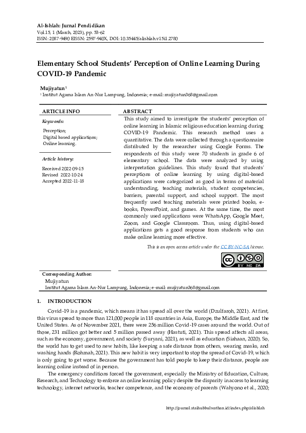 (PDF) Elementary School Students’ Perception of Online Learning During ...