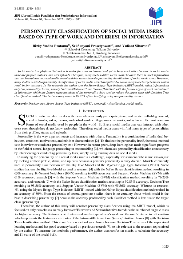 (PDF) Personality Classification Of Social Media Users Based On Type Of ...