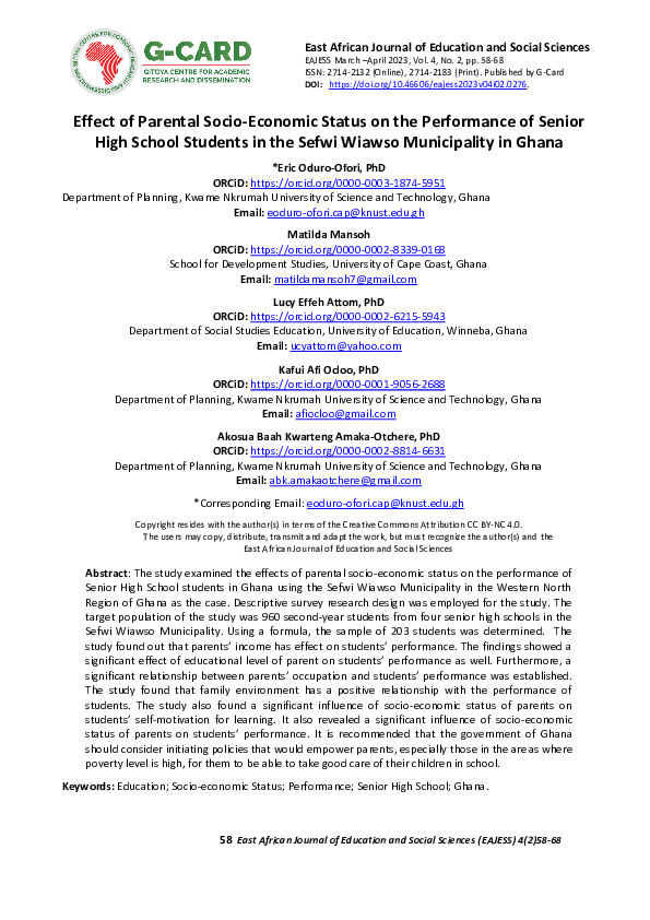 (PDF) Effect of Parental Socio-Economic Status on the Performance of ...