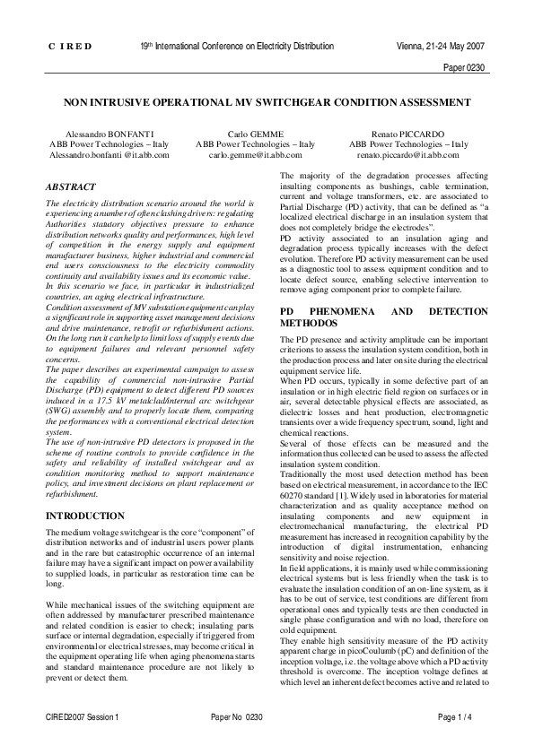 (PDF) Non intrusive operational MV switchgear condition assessment