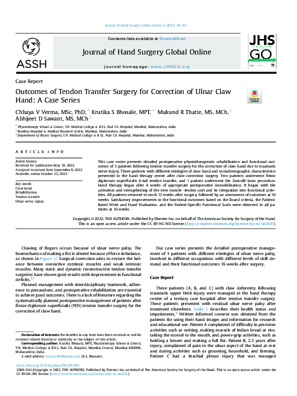 (PDF) Outcomes of Tendon Transfer Surgery for Correction of Ulnar Claw ...