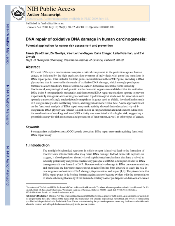 (PDF) DNA repair of oxidative DNA damage in human carcinogenesis ...