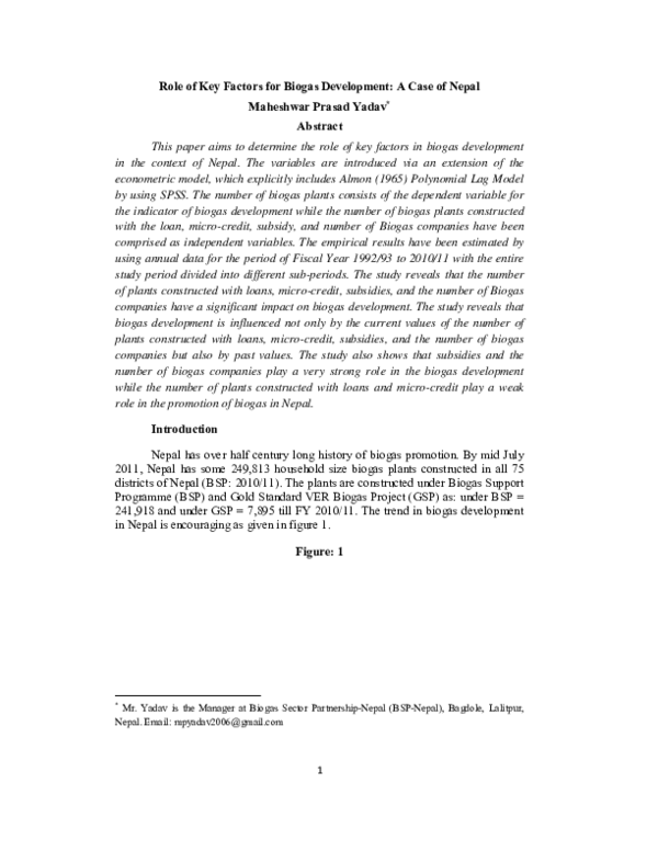 (PDF) Role of Key Factors for Biogas Development: A Case of Nepal