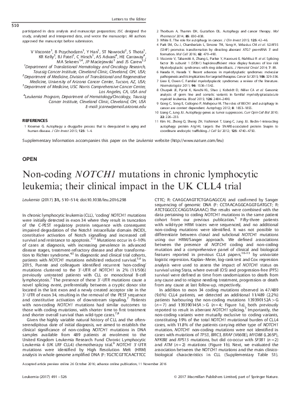 (PDF) Non-coding NOTCH1 mutations in chronic lymphocytic leukemia ...