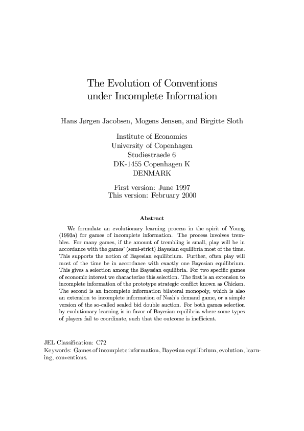 (PDF) The Evolution of Conventions under Incomplete Information