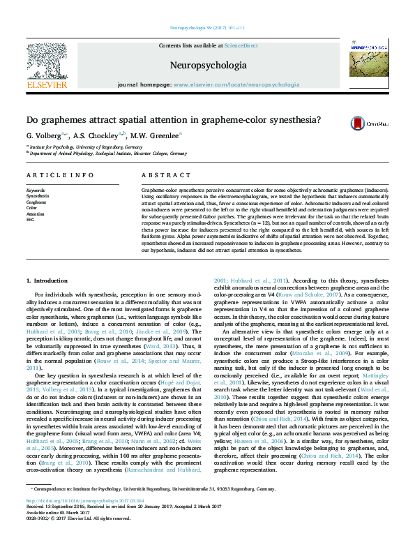 (PDF) Do graphemes attract spatial attention in grapheme-color synesthesia?