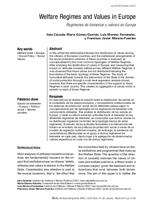 (PDF) Welfare Regimes and Values in Europe